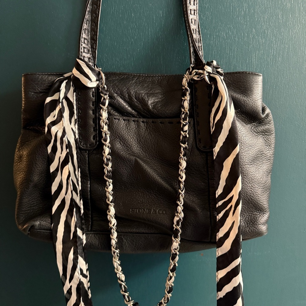 vintage stone & co black leather shoulder bag with zebra scarf - Picture 7 of 10